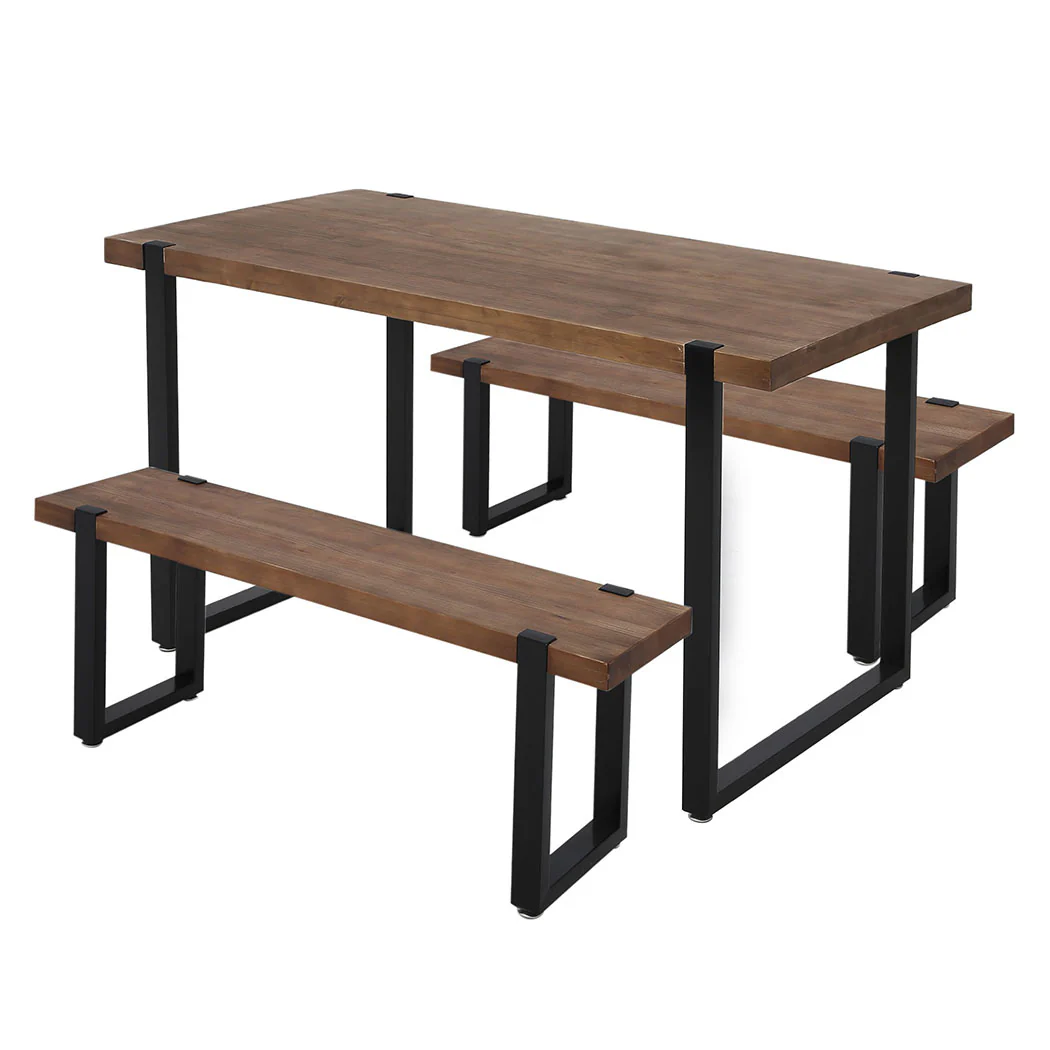 3-Piece Lucia Brown Dining Table & Chair Set Bench Industrial Cafe Restaurant - Nurns