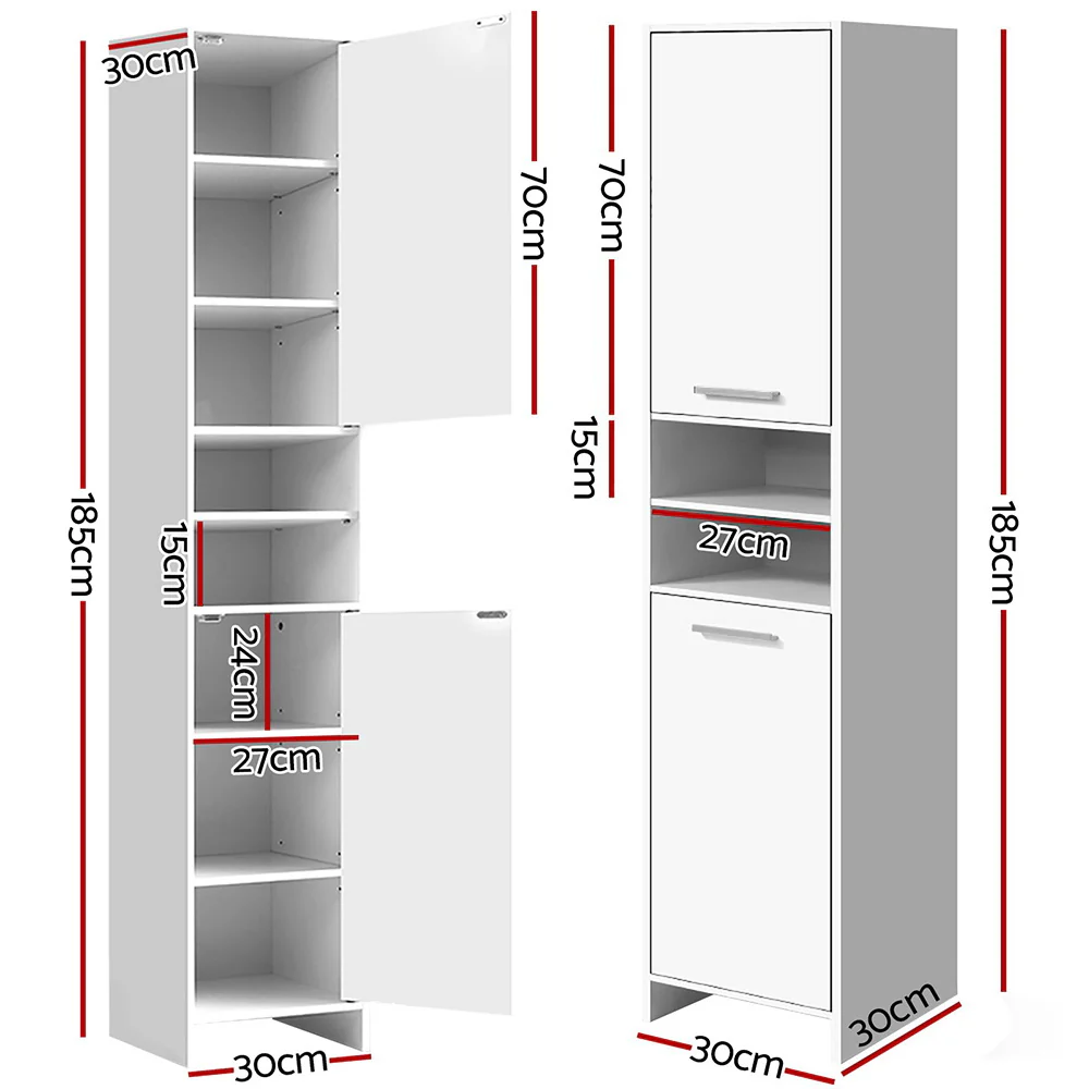 185cm Bathroom Tallboy Toilet Storage Cabinet Laundry Cupboard Adjustable Shelf White - Nurns