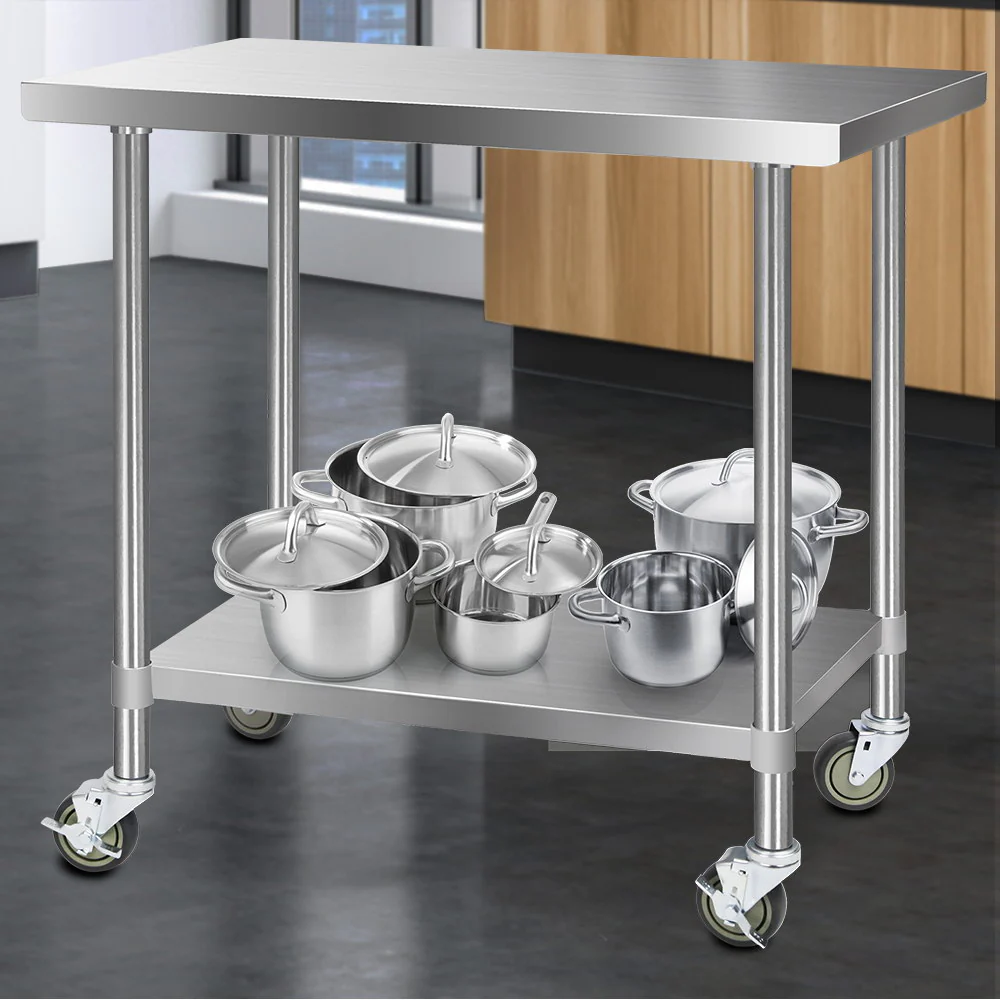 430 Stainless Steel Kitchen Benches Work Bench Food Prep Table with Wheels 1219Mmx610MM - Nurns