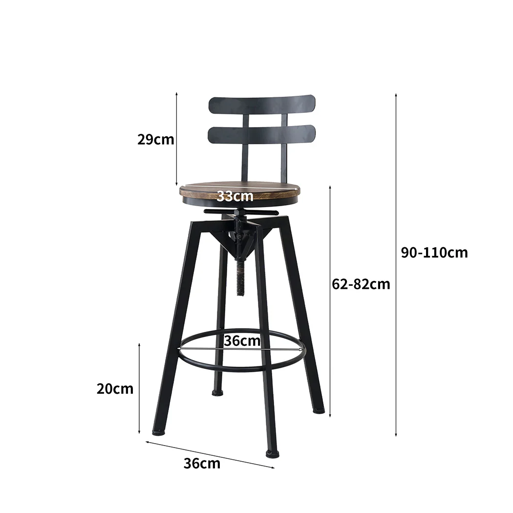110cm Helsinki Industrial Adjustable Swivel Bar Stools with Back Wood Counter Chairs - Brown - Nurns