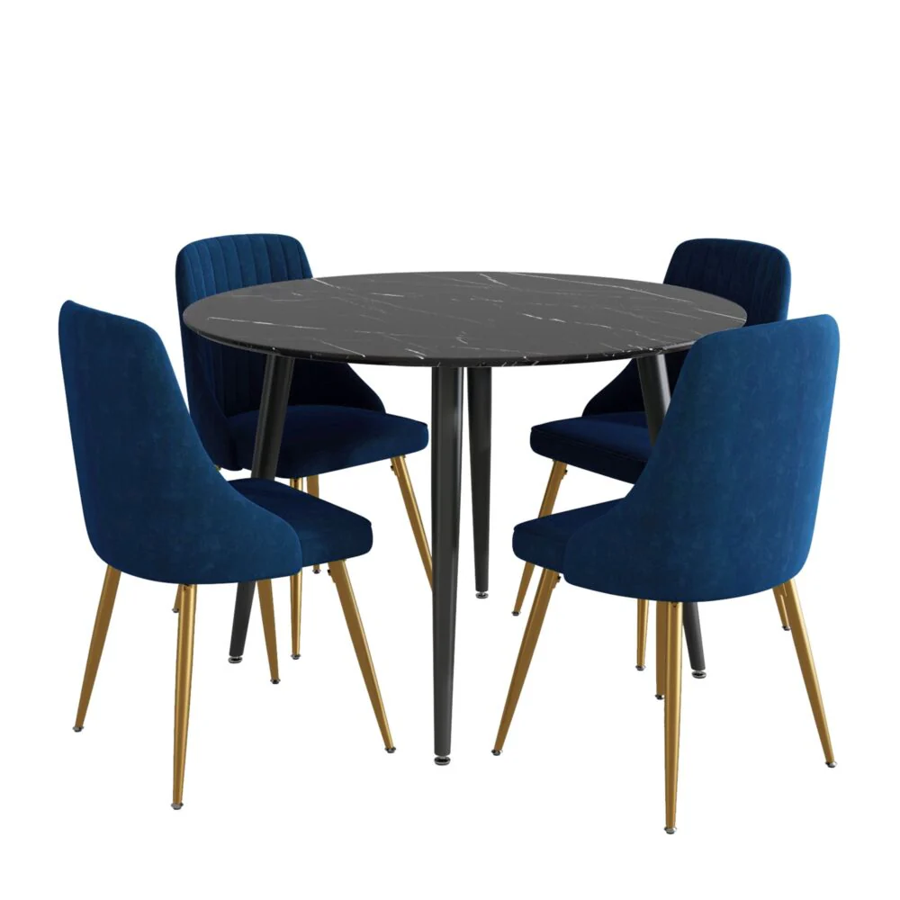 5-Piece Ermes Blue Dining Table & Chair Set Velvet Bistro - Nurns