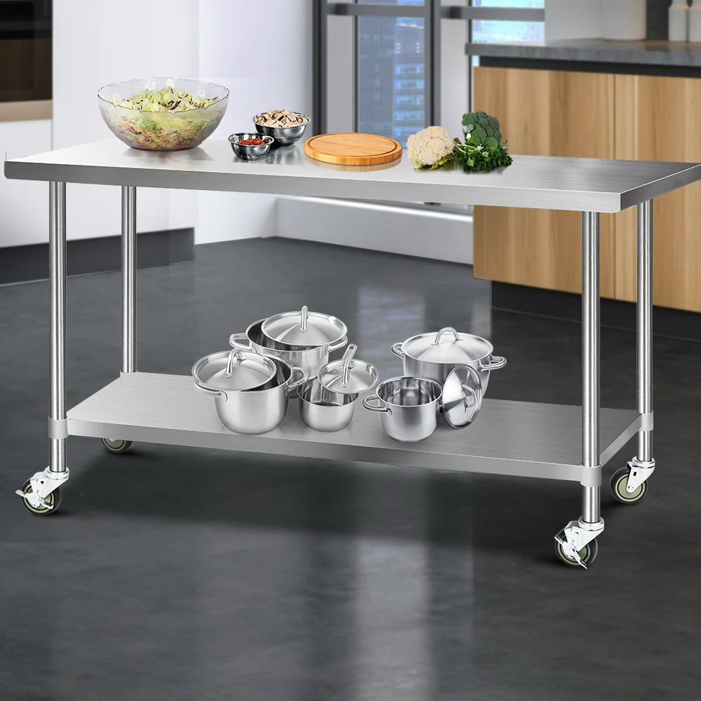 1829x762mm Commercial Stainless Steel Kitchen Bench with 4pcs Castor Wheels - Nurns