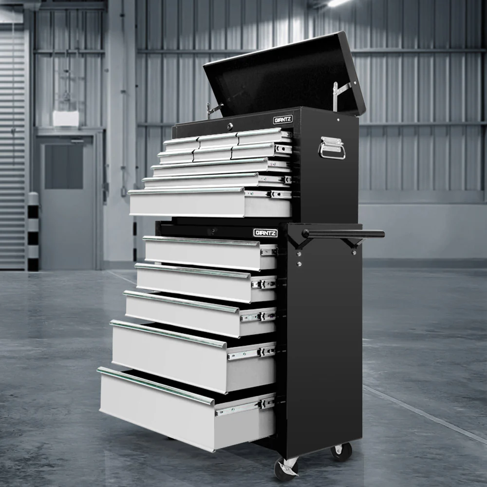 14 Drawers Toolbox Chest Cabinet Mechanic Trolley Garage Tool Storage Box - Black & Silver - Nurns
