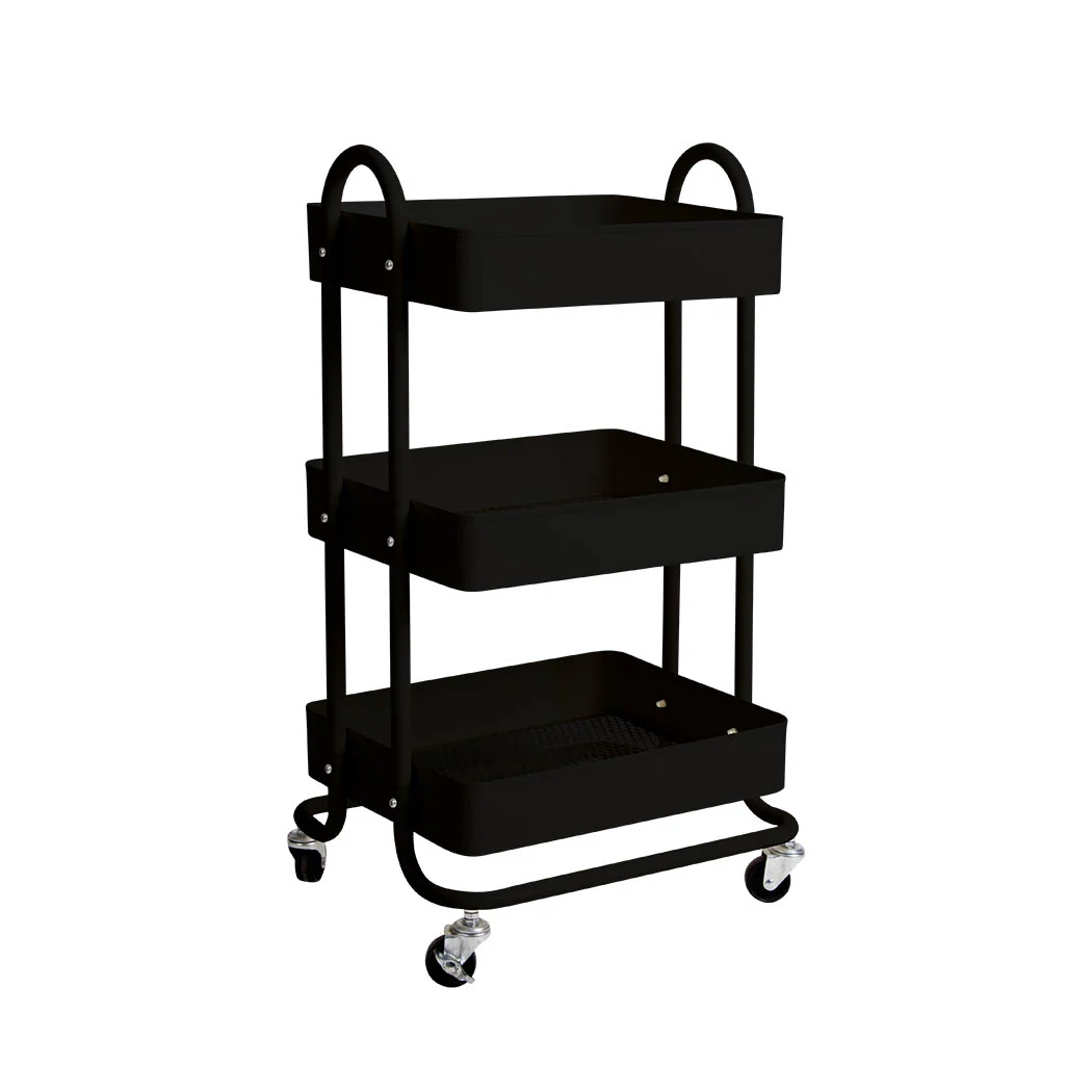 3 Tiers Kitchen Trolley Cart Steel Storage Rack Shelf Organiser Wheels Black - Nurns