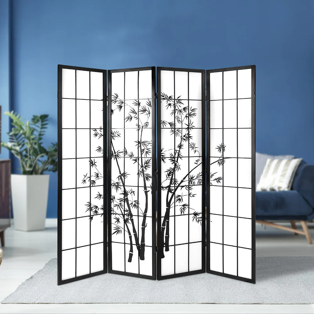 4 Panel Room Divider Screen 174x179cm Bamboo - Black & White - Nurns