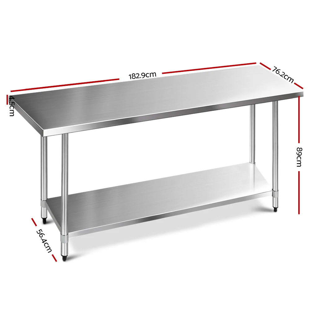 1829x762mm Commercial Stainless Steel Kitchen Bench - Nurns