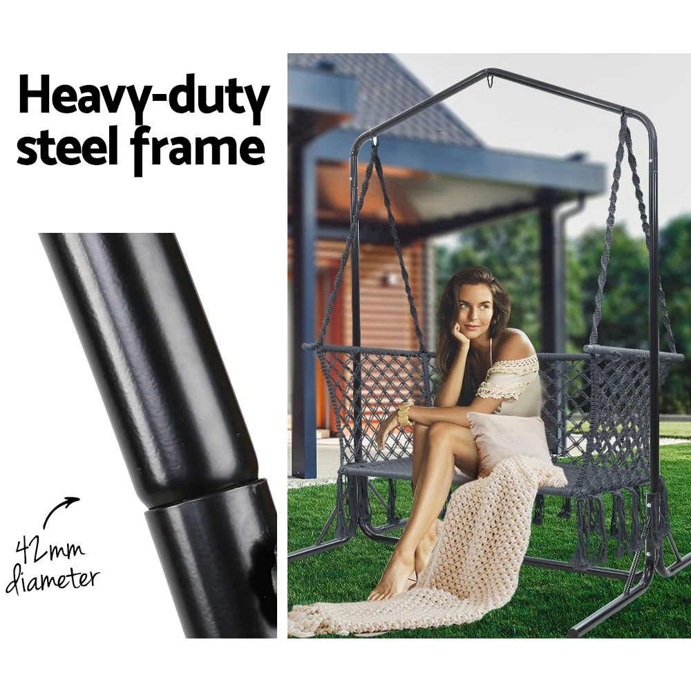 2-Seater Hammock Chair with Stand Macrame Outdoor Garden - Cream - Nurns