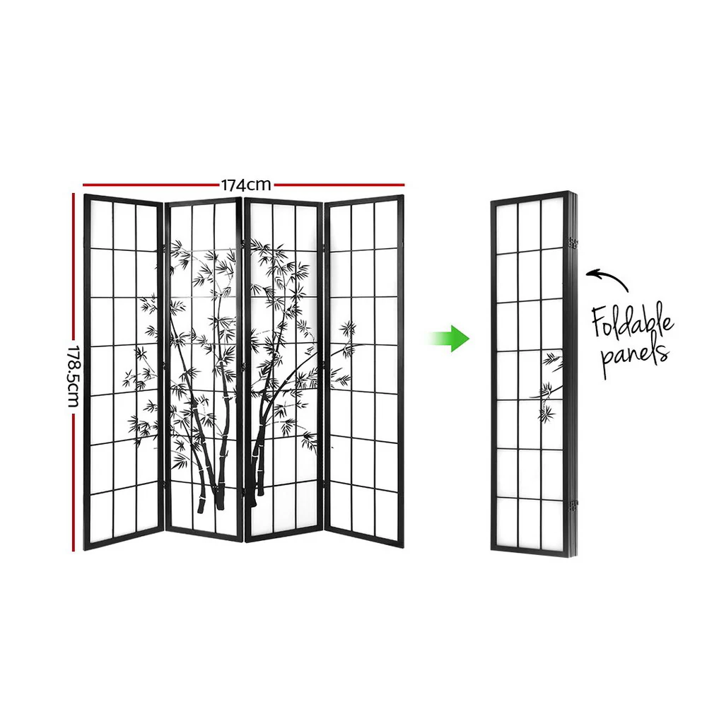 4 Panel Room Divider Screen 174x179cm Bamboo - Black & White - Nurns