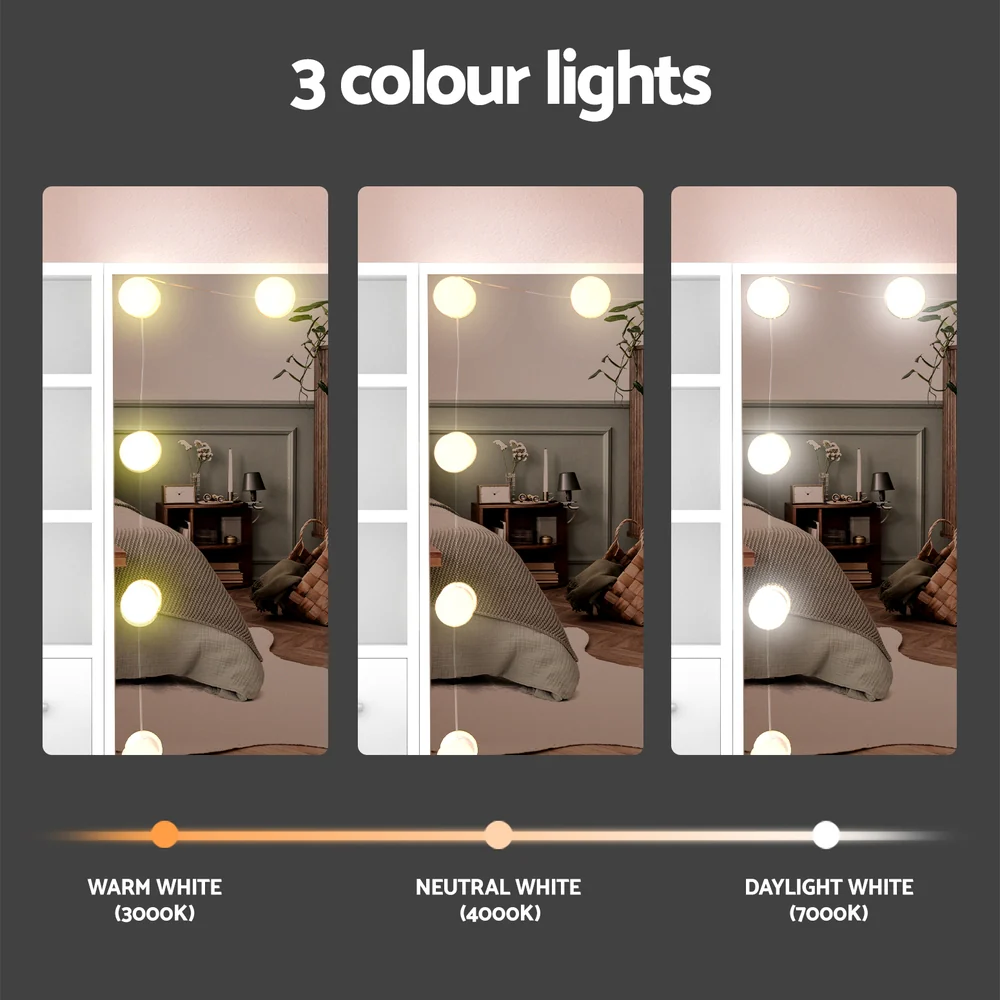 10 LED Bulbs Dressing Table Set Stool - White - Nurns