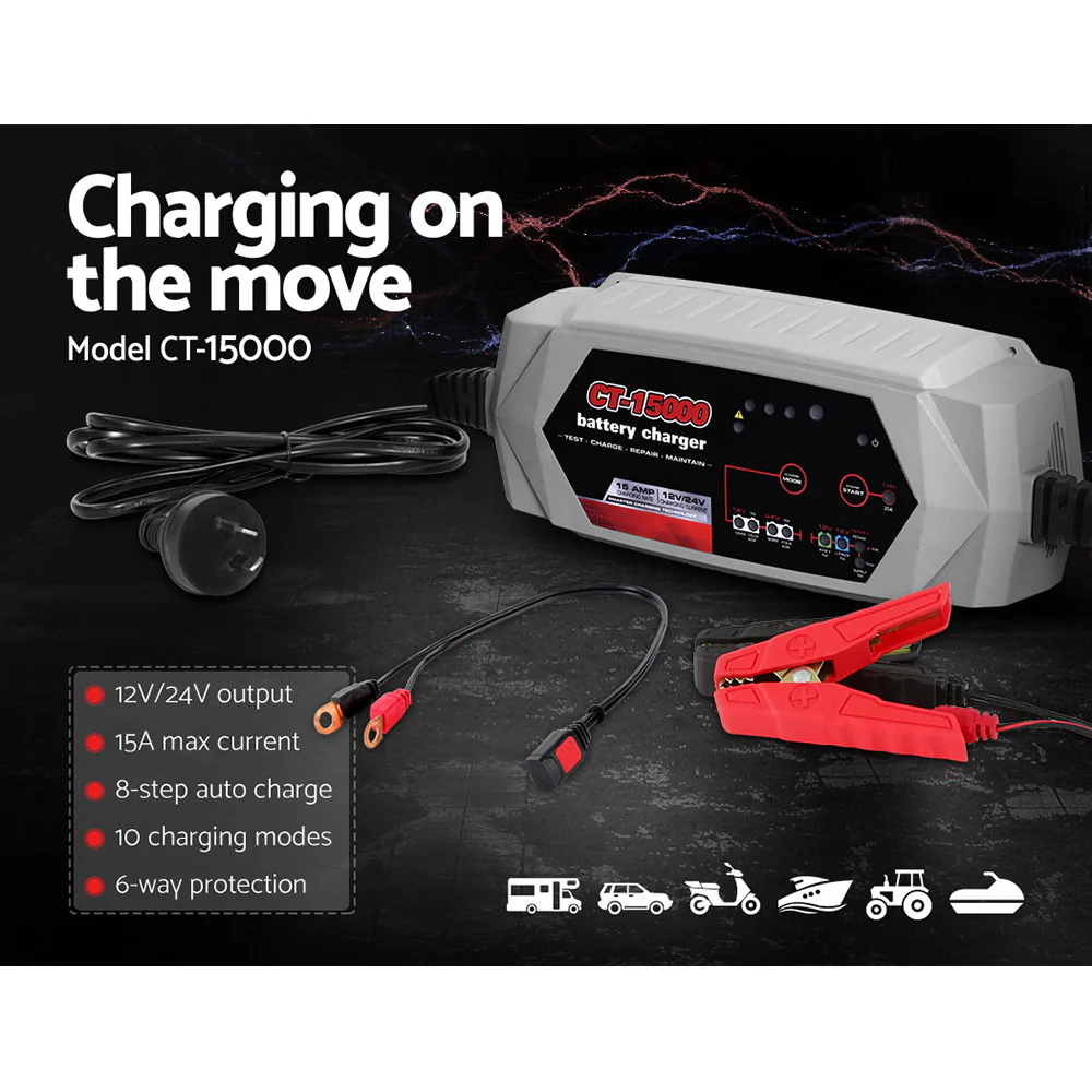 12V Automotive Car Battery Charger 24V 15Amp Smart Vehicle Truck Chargers AGM - Nurns