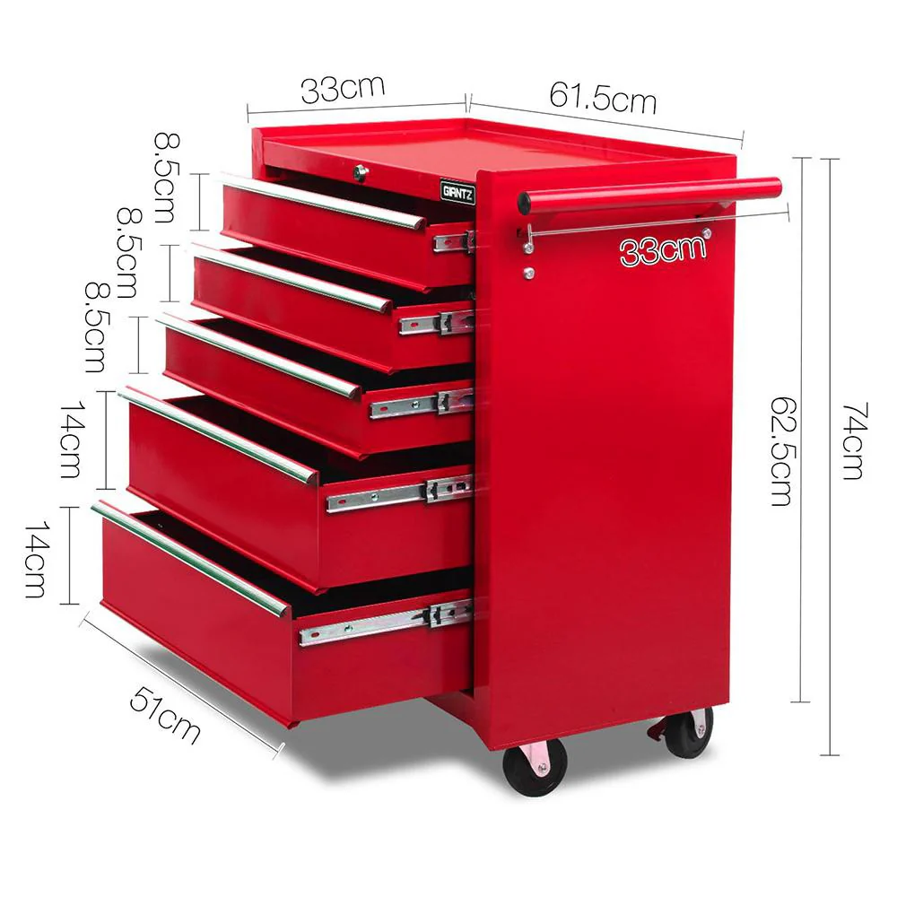 5 Drawer Mechanic Tool Box Cabinet Storage Trolley - Red - Nurns