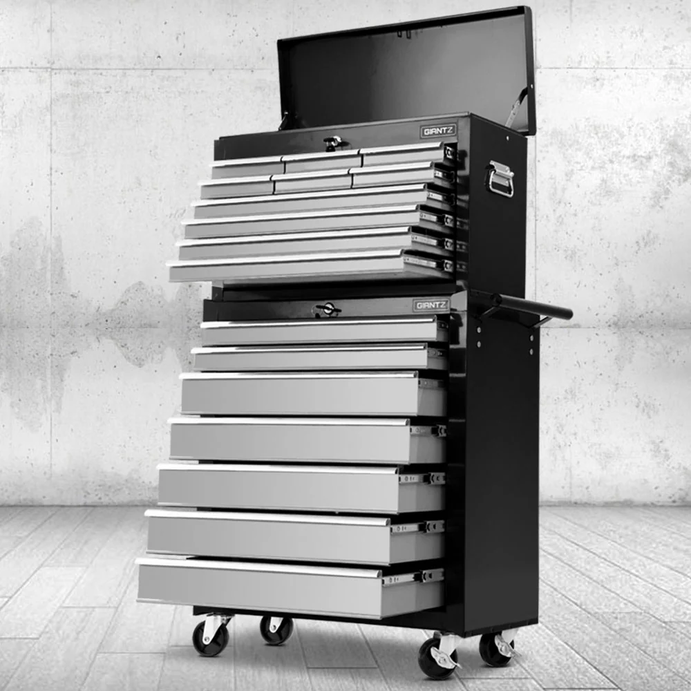 17 Drawers Tool Box Trolley Chest Cabinet Cart Garage Mechanic Toolbox Black and Grey - Nurns