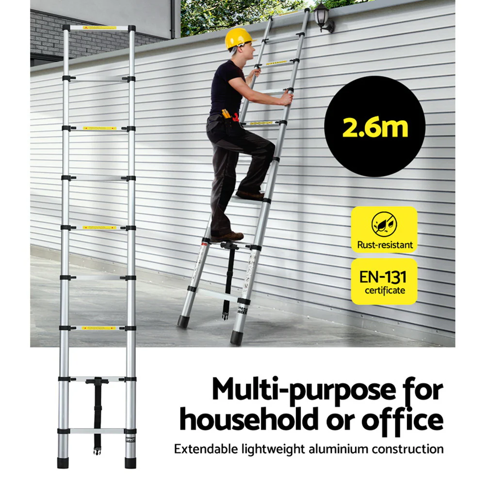 2.6M Telescopic Ladder Aluminium Extension Extendable Steps Adjustable Height - Nurns