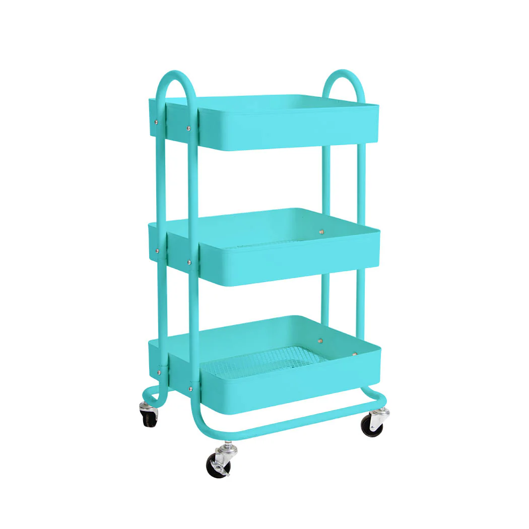 3 Tiers Kitchen Trolley Cart Steel Storage Rack Shelf Organiser Wheels Blue - Nurns