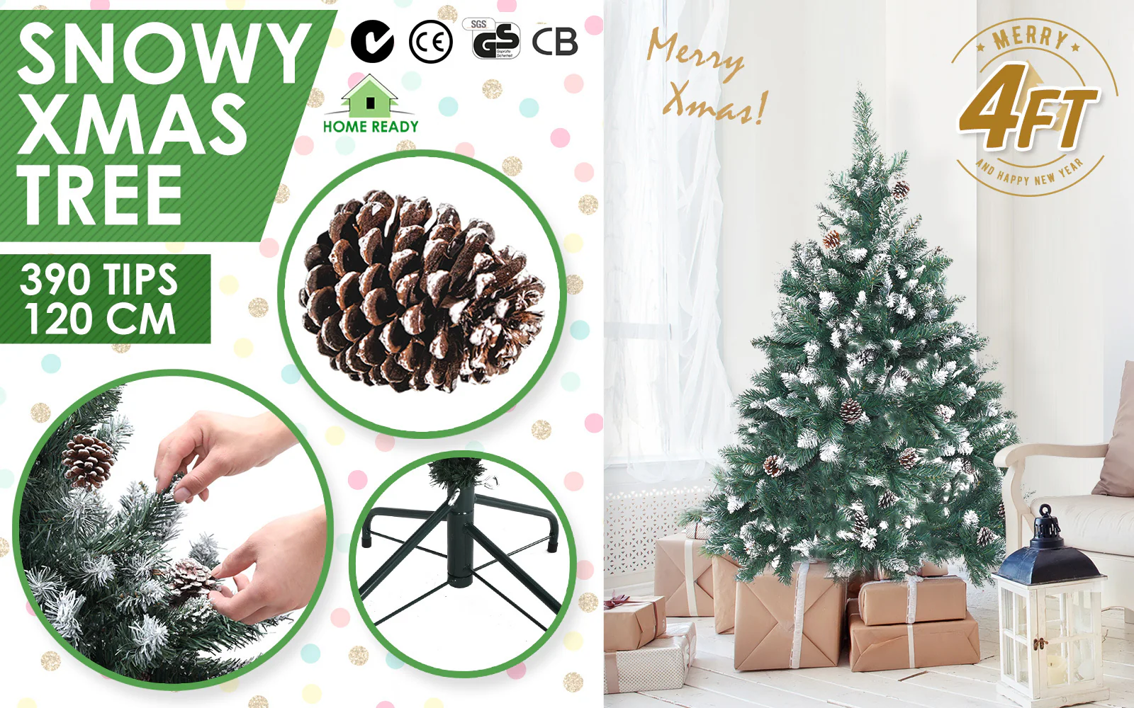 4ft 1.2m 390 Tips Snowy Christmas Tree Xmas Pine Cones Green - Nurns