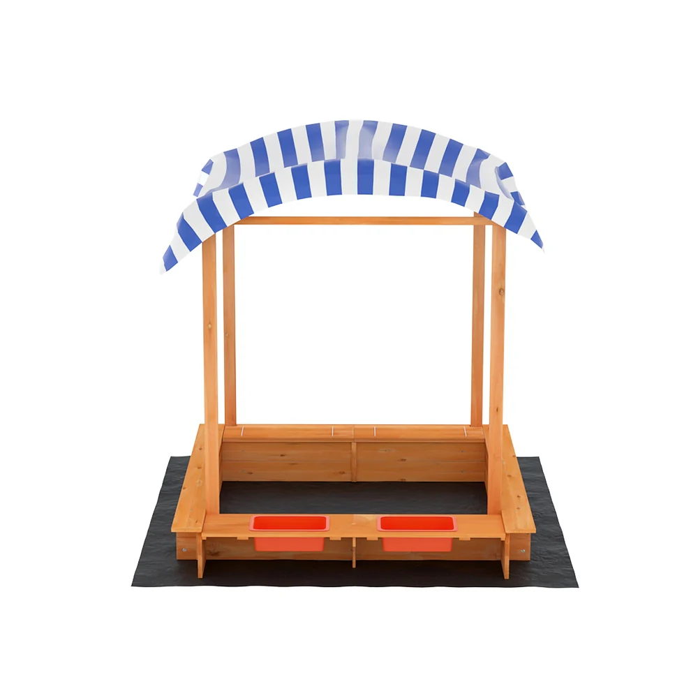 146cm Kids Sandpit Wooden Sandbox Sand Pit with Canopy Water Basin Toys - Nurns