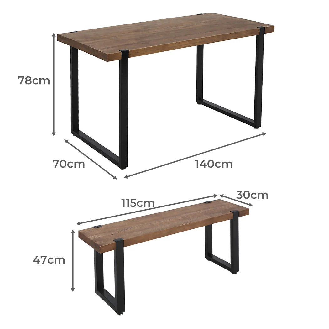 3-Piece Lucia Brown Dining Table & Chair Set Bench Industrial Cafe Restaurant - Nurns