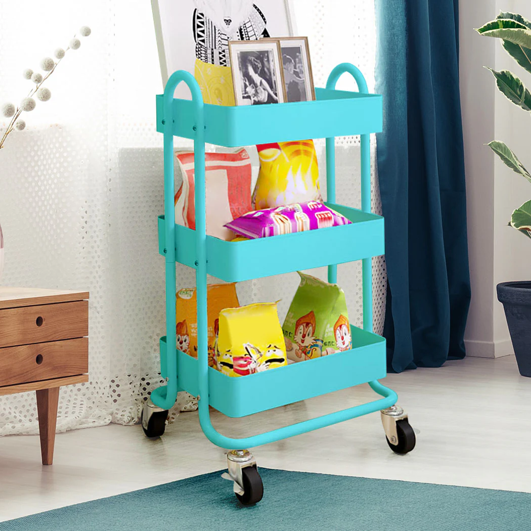 3 Tiers Kitchen Trolley Cart Steel Storage Rack Shelf Organiser Wheels Blue - Nurns