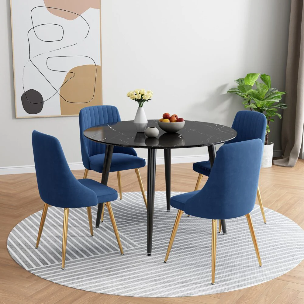 5-Piece Ermes Blue Dining Table & Chair Set Velvet Bistro - Nurns
