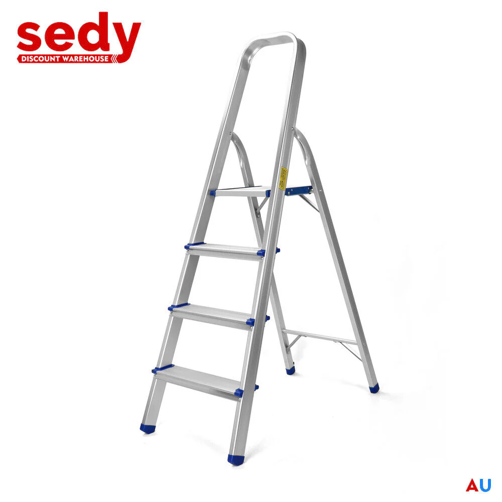 4 Step Ladder Multi-Purpose Foldable Folding Aluminium Home Office Shop - Nurns