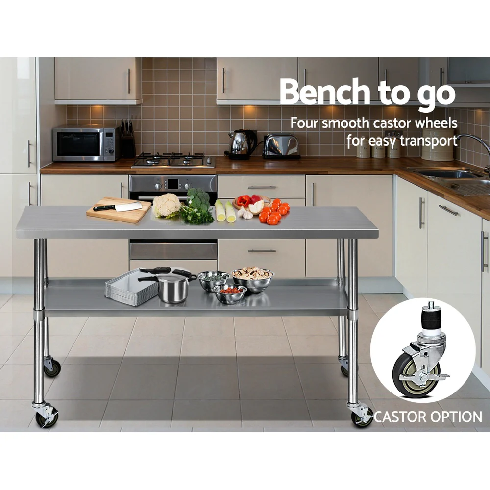 304 Stainless Steel Kitchen Benches Work Bench Food Prep Table with Wheels 1829Mmx610MM - Nurns