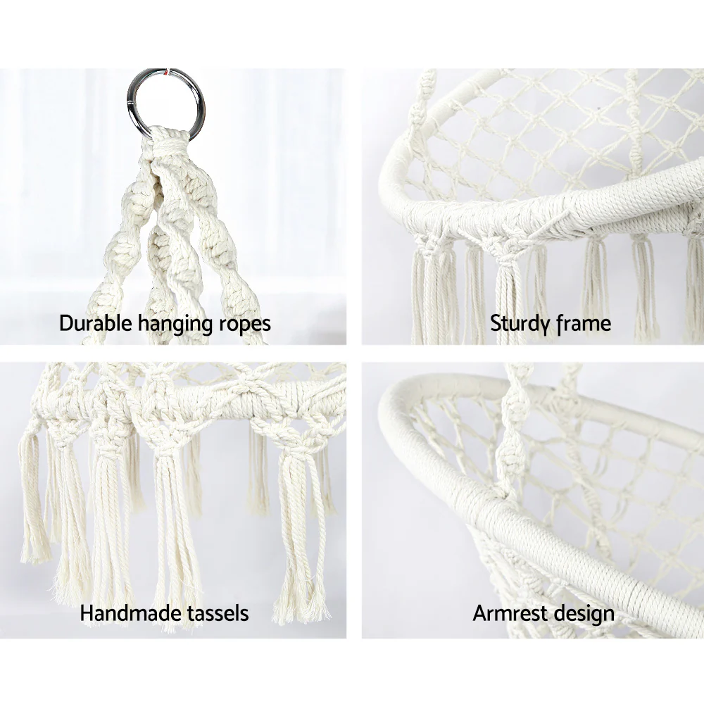 124cm Outdoor Hammock Chair with Stand Cotton Swing Relax Hanging - Cream - Nurns