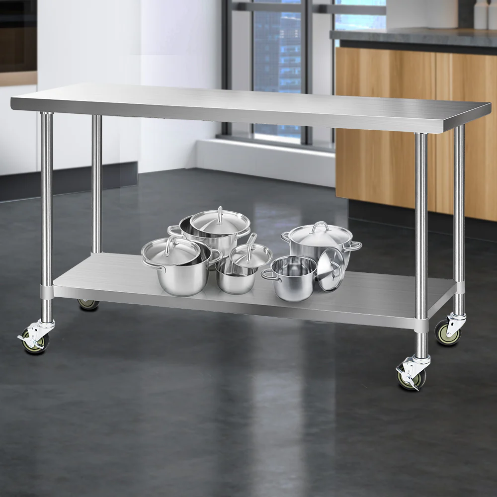 304 Stainless Steel Kitchen Benches Work Bench Food Prep Table with Wheels 1829Mmx610MM - Nurns