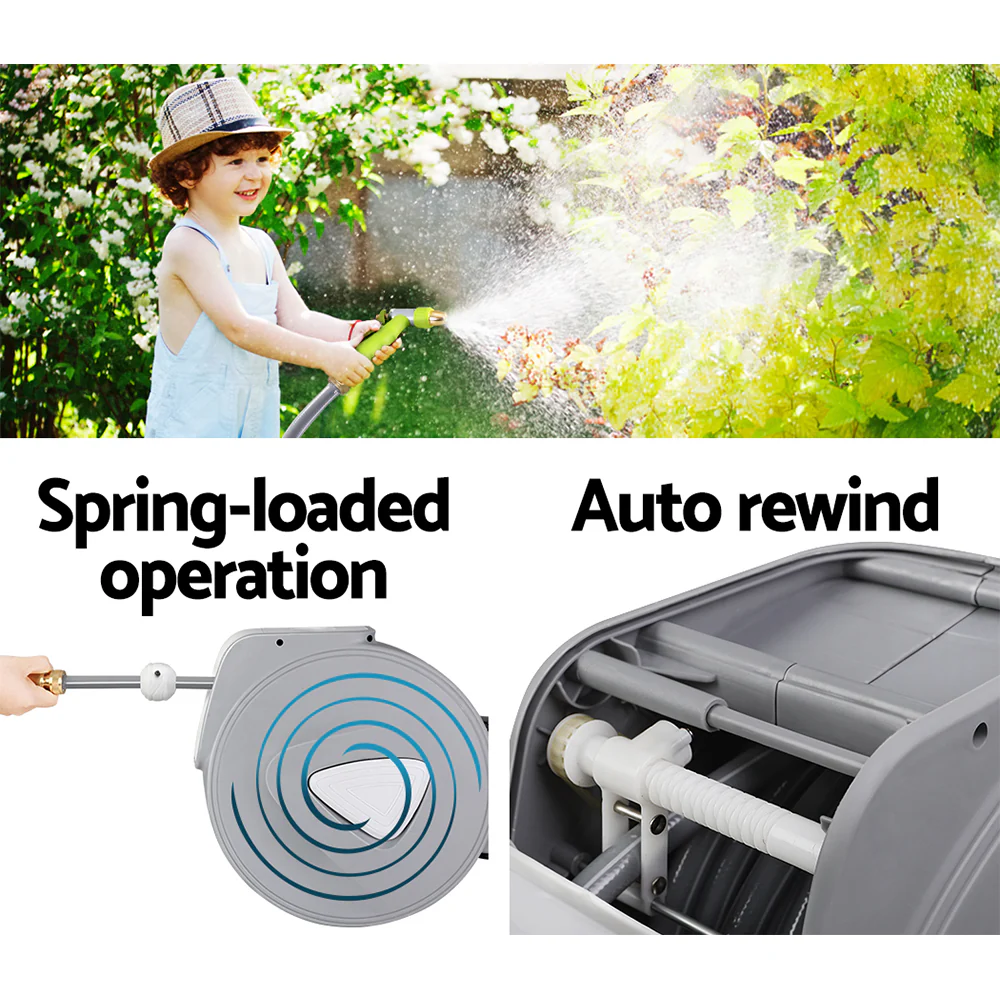 30M Retractable Hose Reel Garden Water Brass Auto Rewind Spray Gun - Nurns