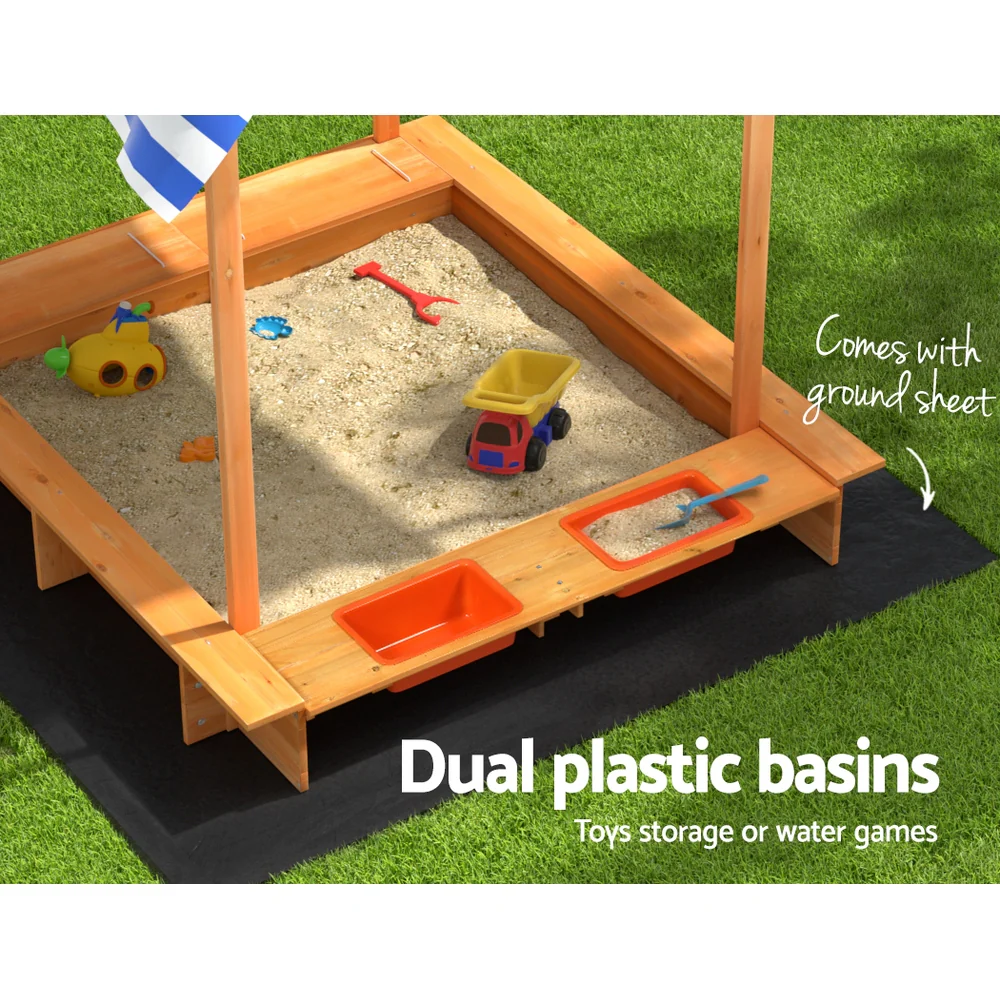 146cm Kids Sandpit Wooden Sandbox Sand Pit with Canopy Water Basin Toys - Nurns