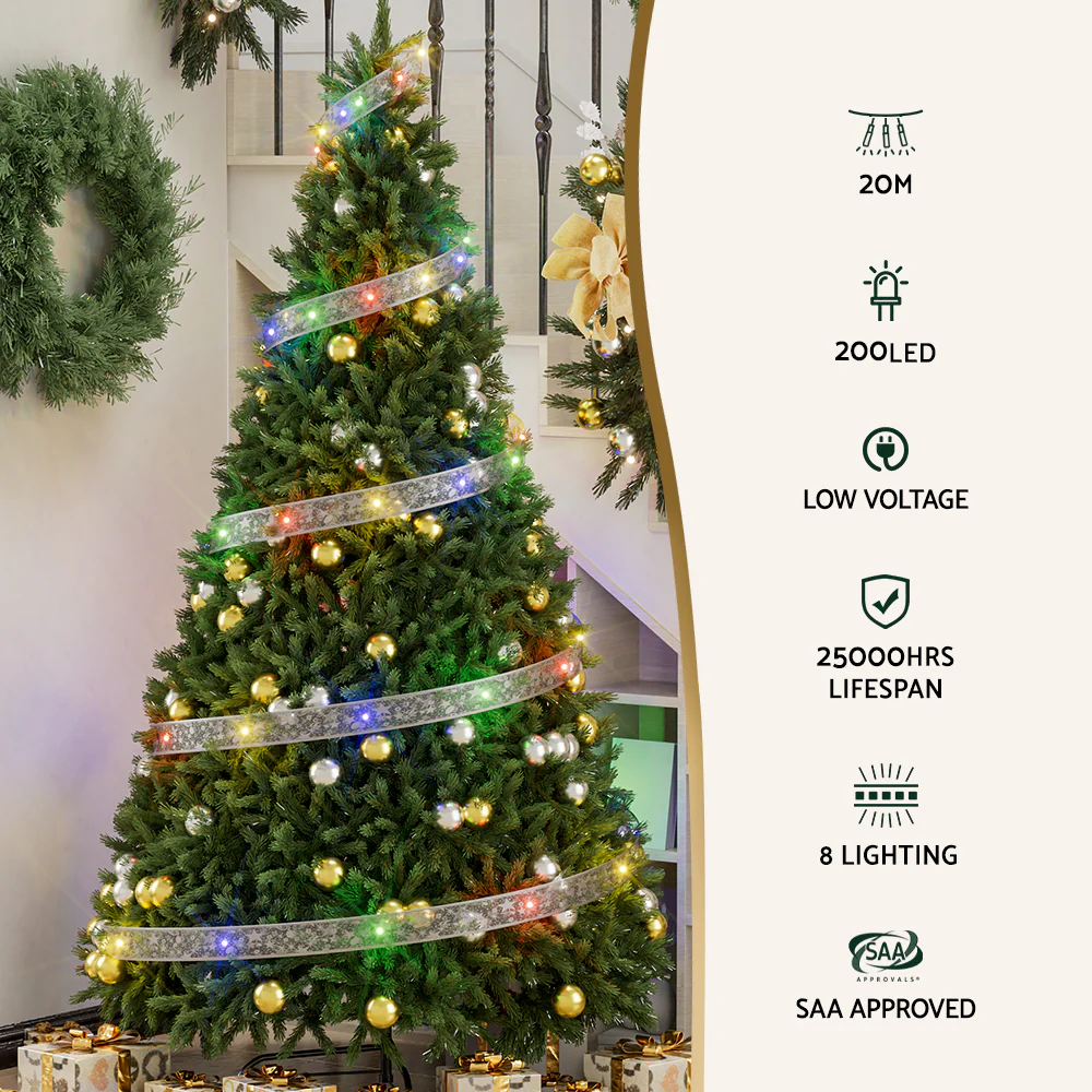 20M Christmas Lights Fairy Ribbon Light 200 LED Xmas Decor - Colored - Nurns