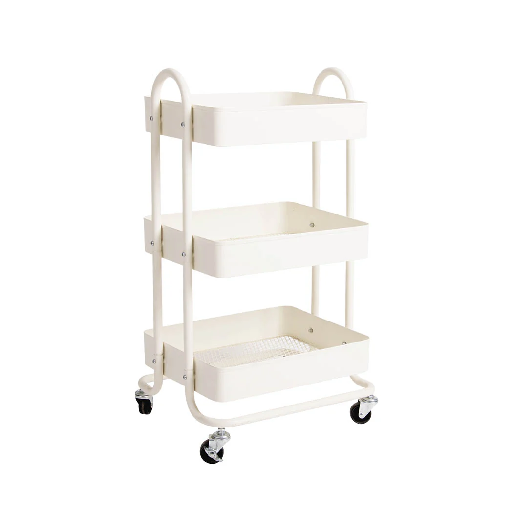 3 Tiers Kitchen Trolley Cart Steel Storage Rack Shelf Organiser Wheels White - Nurns