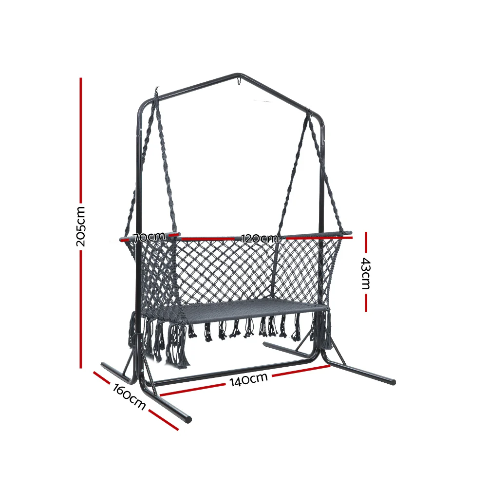 2-Seater Hammock Chair with Stand Macrame Outdoor Garden - Grey - Nurns