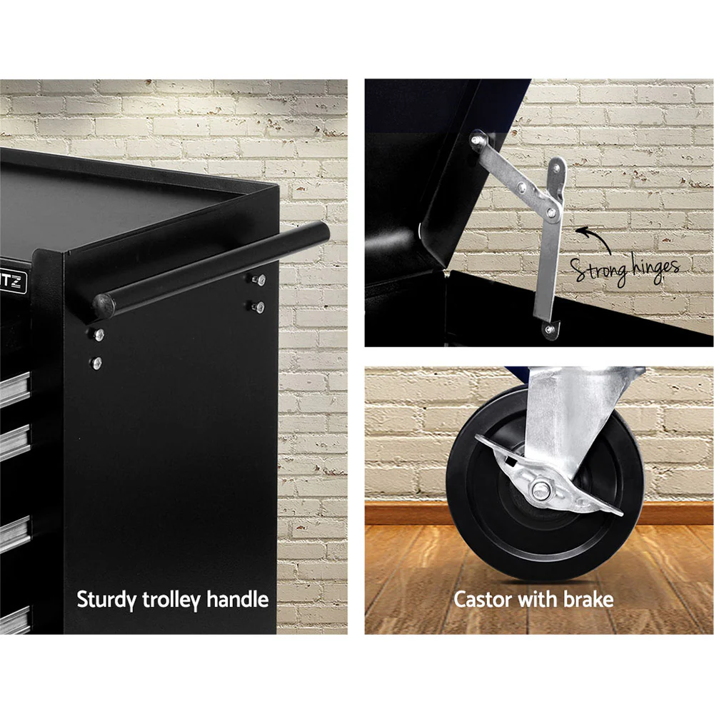 14 Drawers Toolbox Chest Cabinet Mechanic Trolley Garage Tool Storage Box - Black & Silver - Nurns