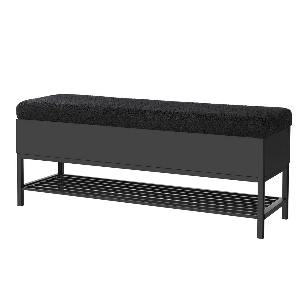 110cm Storage Ottoman Blanket Box Bouclé Shelf - Black - Nurns
