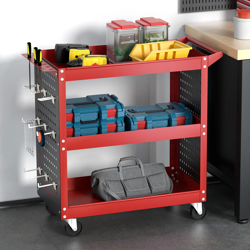 3-Tier Tool Cart Storage Trolley Workshop Garage Pegboard Hooks - Red - Nurns