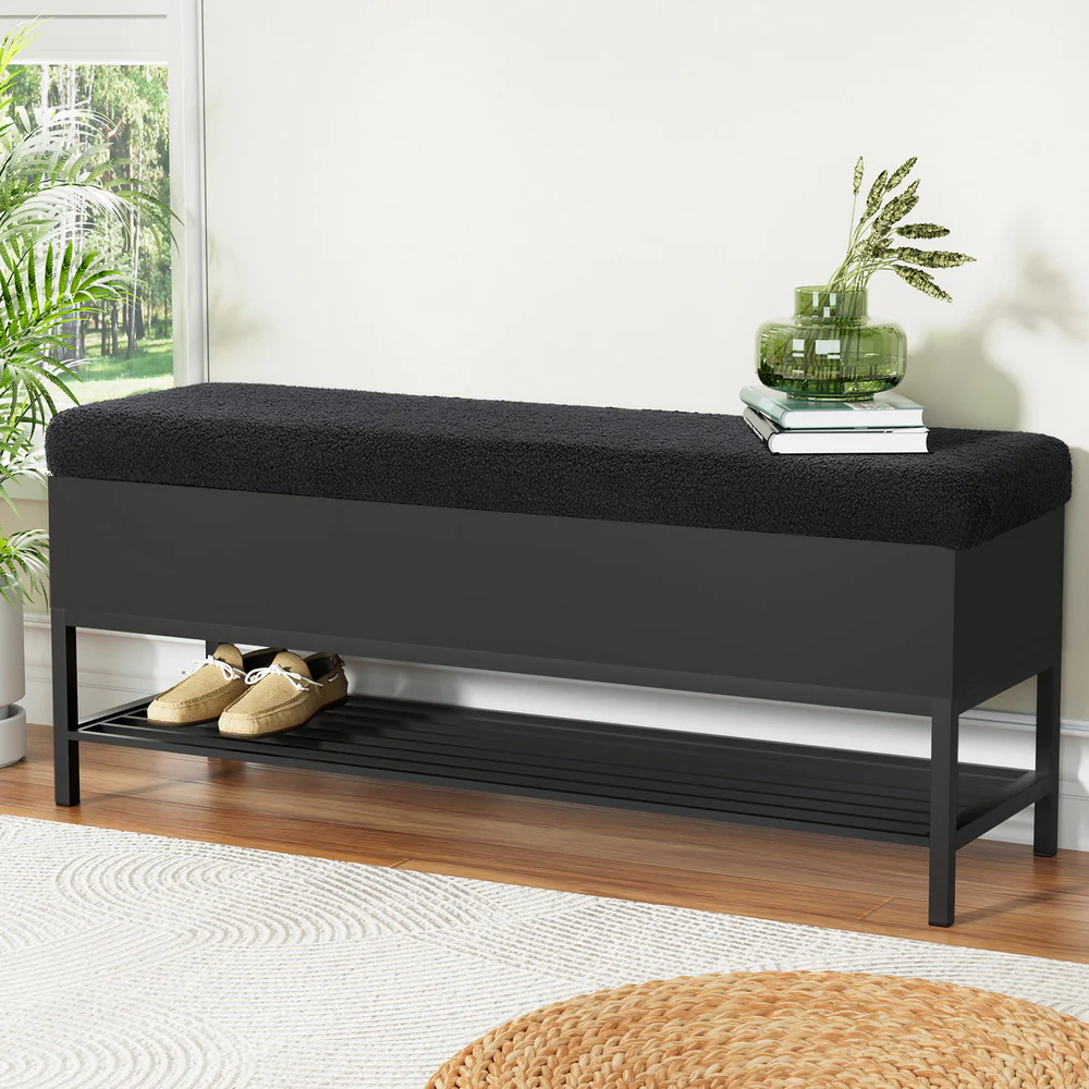 110cm Storage Ottoman Blanket Box Bouclé Shelf - Black - Nurns