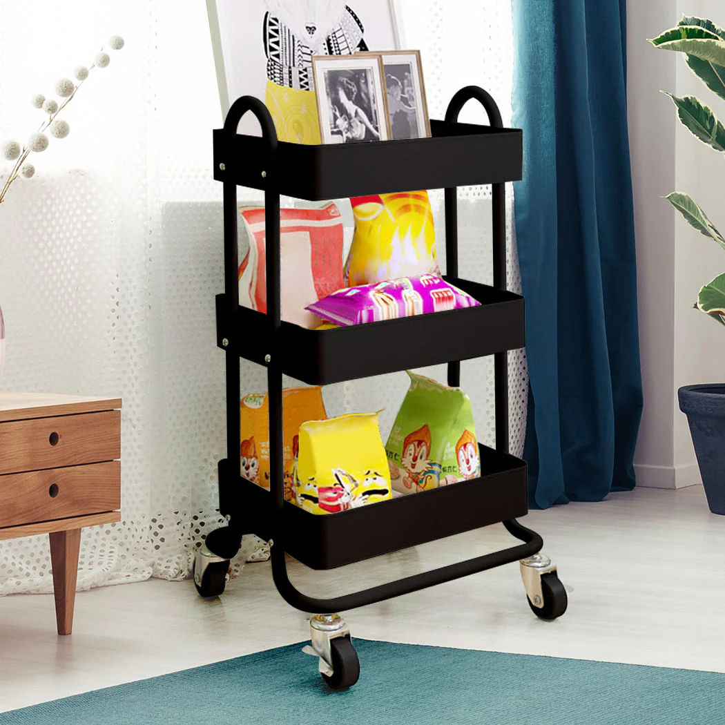 3 Tiers Kitchen Trolley Cart Steel Storage Rack Shelf Organiser Wheels Black - Nurns