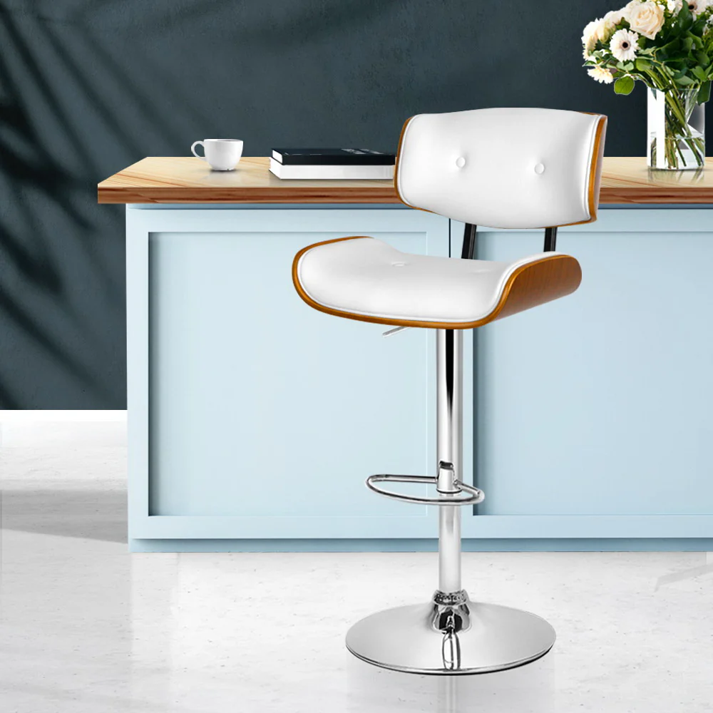 117cm Ancona Wooden Gas Lift Bar Stool - White & Chrome - Nurns
