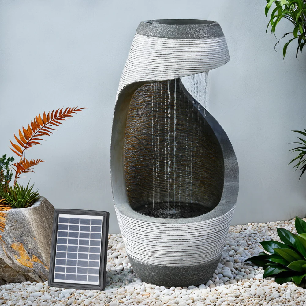 48cm Solar Fountain Water Feature Bird Bath Outdoor Garden Cascade - Grey - Nurns