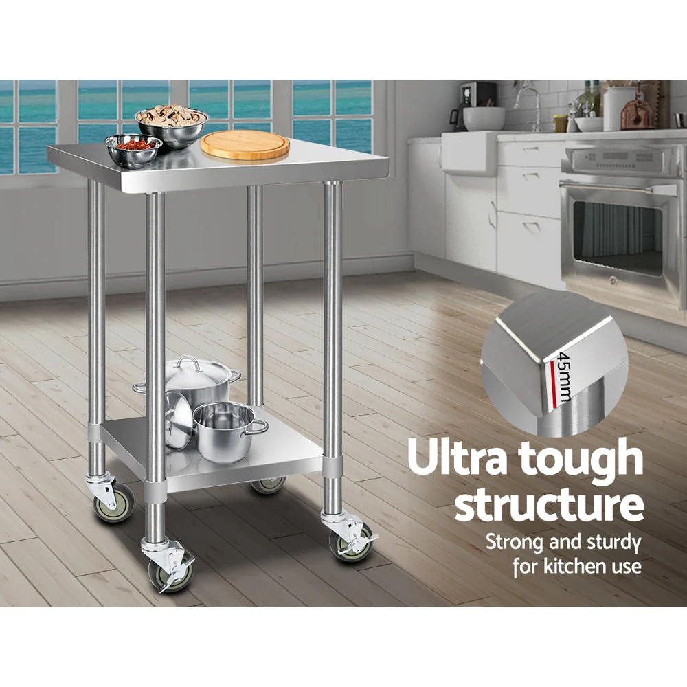 430 Stainless Steel Kitchen Benches Work Bench Food Prep Table with Wheels 610MM x 610MM - Nurns