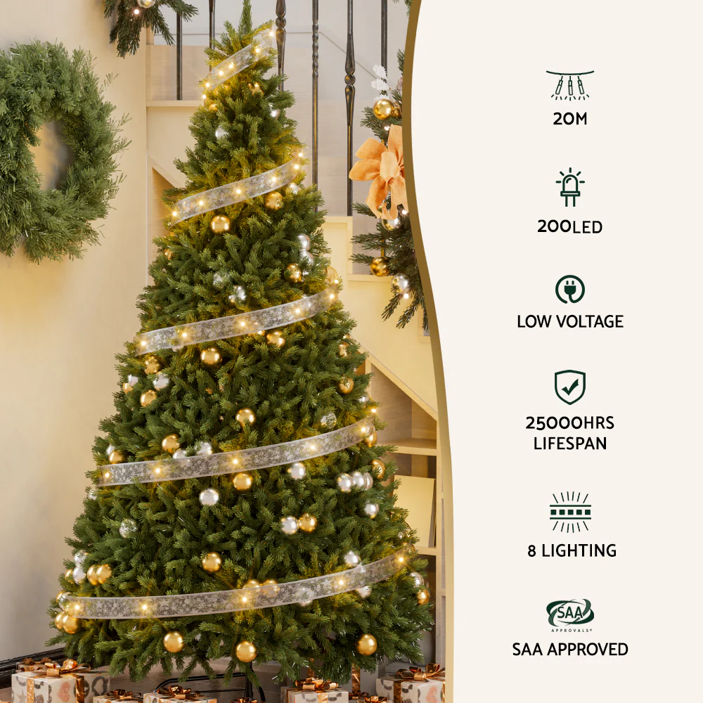 20M Christmas Lights Fairy Ribbon Light 200 LED Xmas Decor - Warm - Nurns