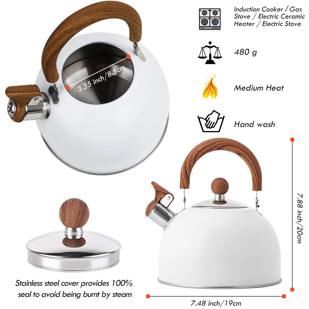 2.5 Liter Tea Whistling Kettle Stainless Steel Modern Whistling Tea Pot for Stovetop White - Nurns