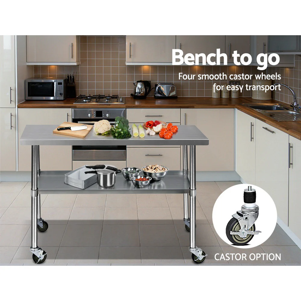430 Stainless Steel Kitchen Benches Work Bench Food Prep Table with Wheels 1219Mmx610MM - Nurns