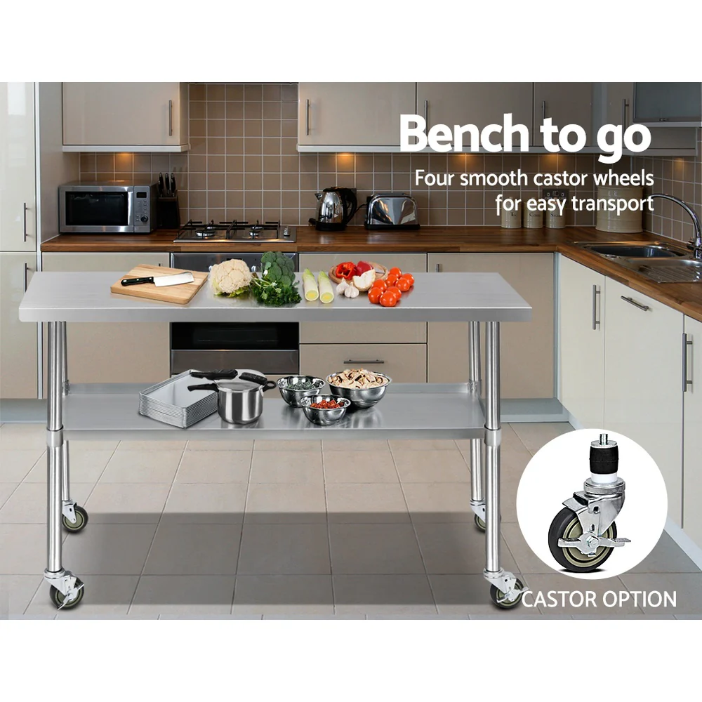 430 Stainless Steel Kitchen Benches Work Bench Food Prep Table with Wheels 1524Mmx610MM - Nurns