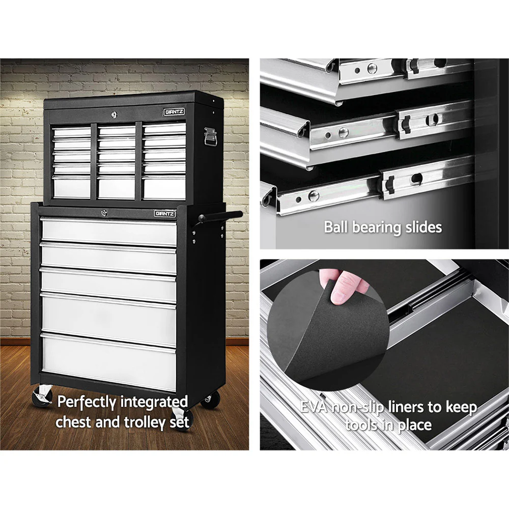 14 Drawers Toolbox Chest Cabinet Mechanic Trolley Garage Tool Storage Box - Black & Silver - Nurns