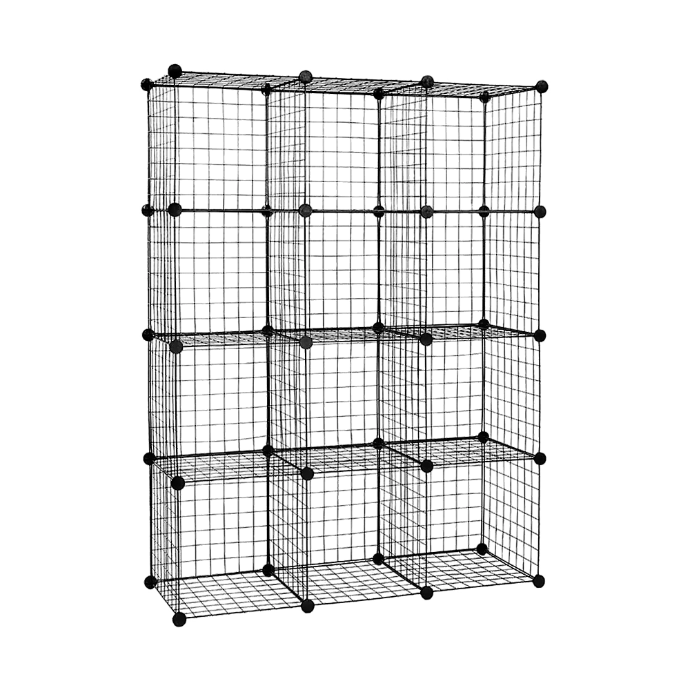 12 Cube Wire Grid Organiser Bookcase Storage Cabinet Wardrobe Closet Black - Nurns