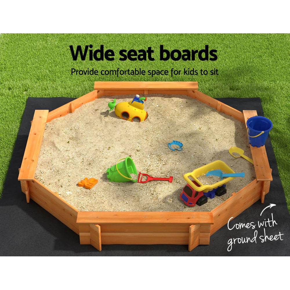 182cm Kids Sandpit Wooden Round Sand Pit with Cover Bench Seat Beach Toys - Nurns