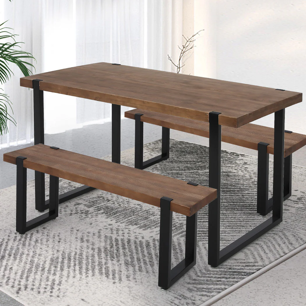 3-Piece Lucia Brown Dining Table & Chair Set Bench Industrial Cafe Restaurant - Nurns