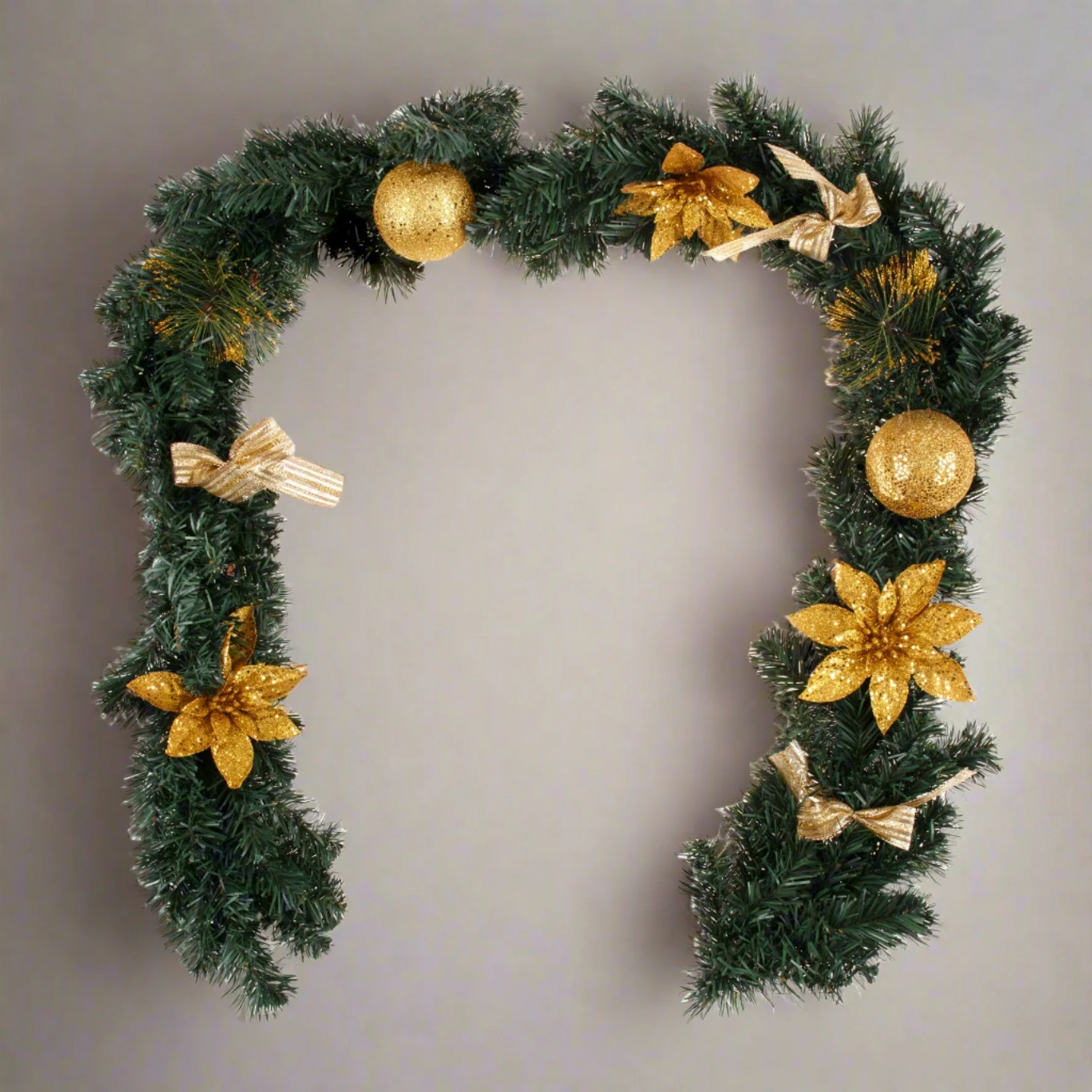 1.8m/6ft Christmas Pine Garland Gold Balls Flower Bows Xmas Hanging Decor - Nurns