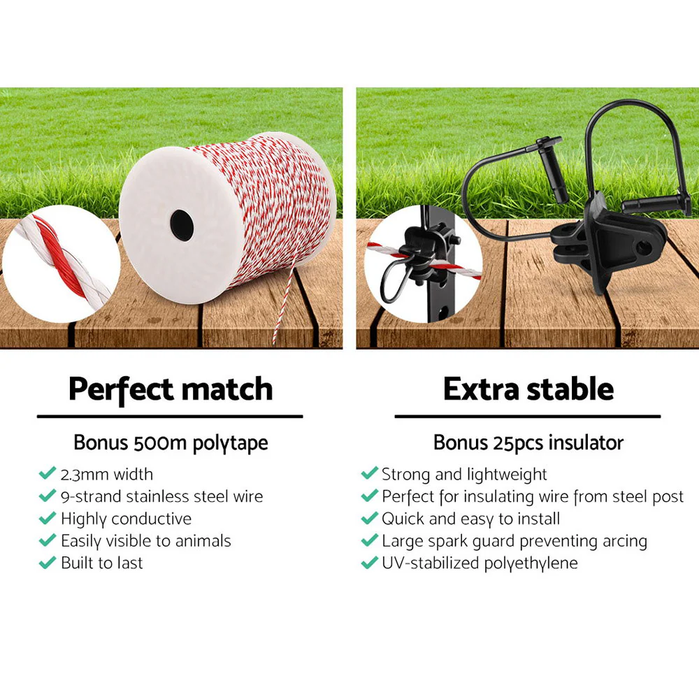 3km Solar Electric Fence Energiser Charger with 500M Tape and 25pcs Insulators - Nurns